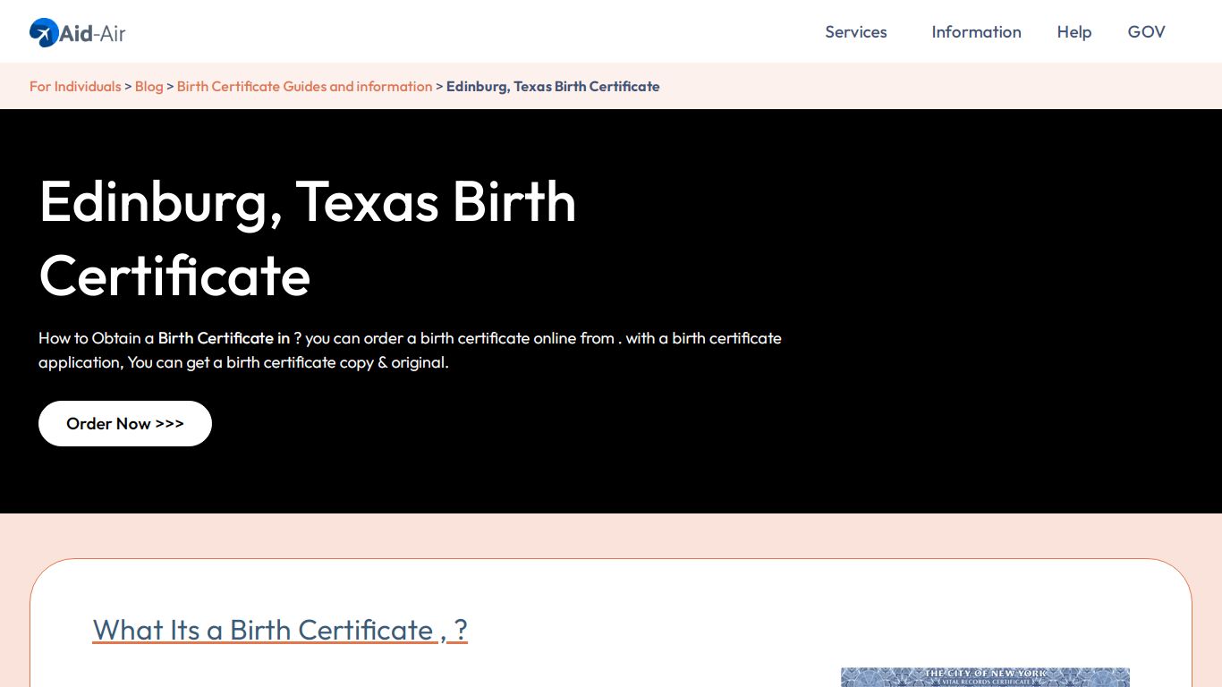 Order U.S. Birth Certificate in Edinburg | Texas, USA | Aid-Air